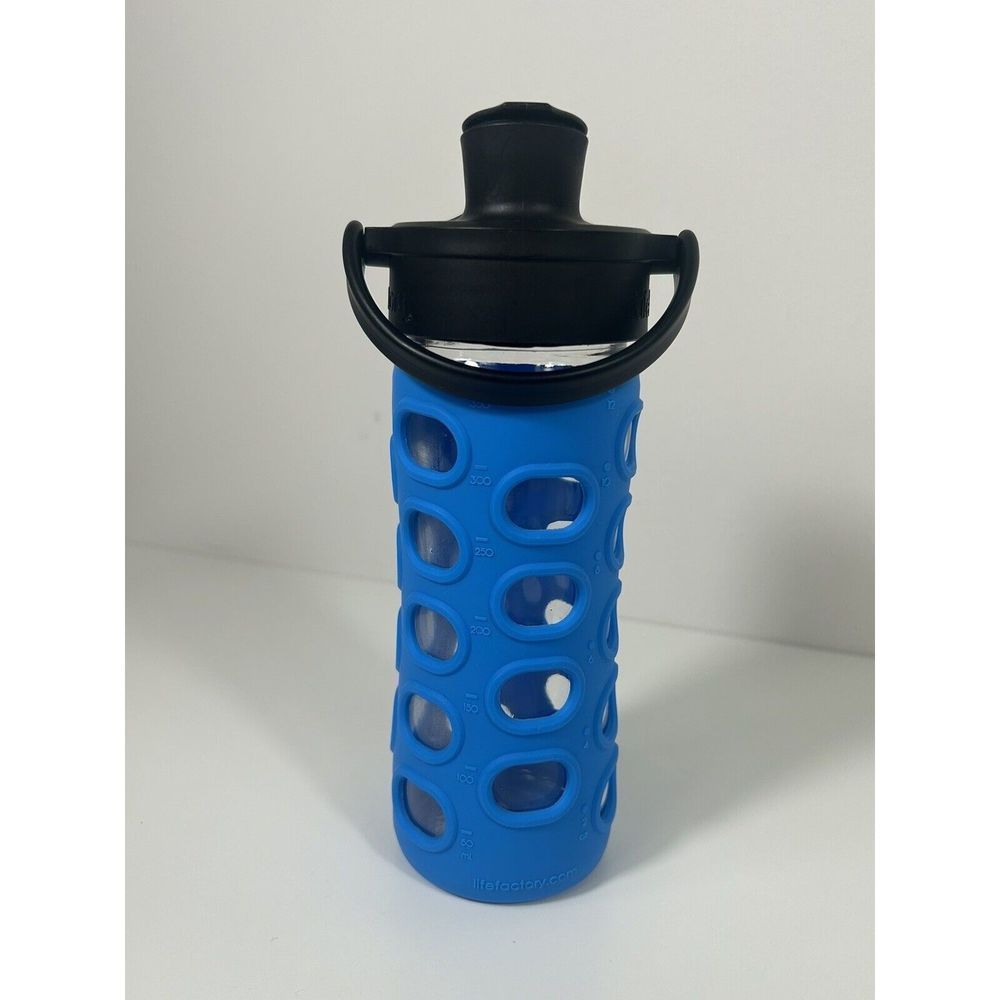 Lifefactory 12-Ounce Active Flip Cap Glass Water Bottle, Blue, Silicone